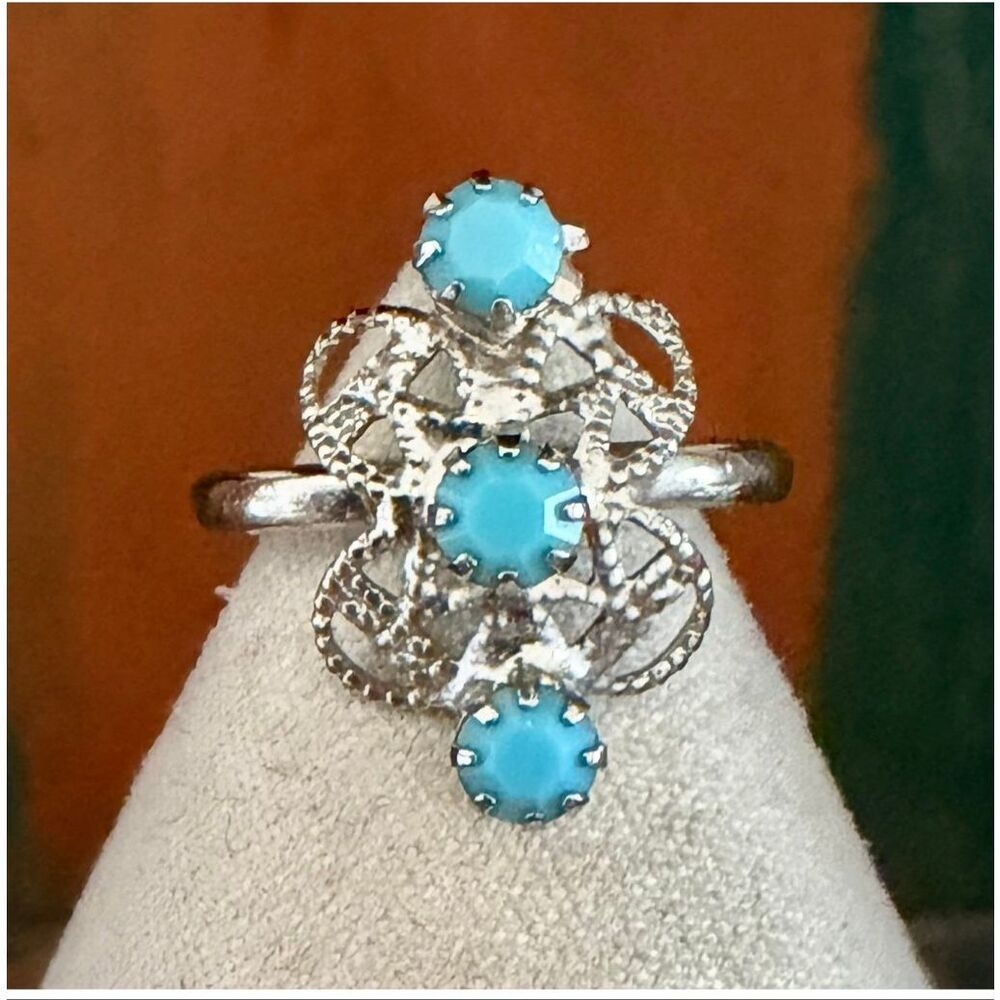 Vintage Adjustable Silver Tone Blue Glass Filigree Ring - Floral Design